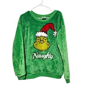 The Grinch Juniors Naughty Graphic Print Sweatshirt Soft Plush Green Size Large